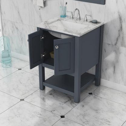 Alya Bath Wilmington 24" Single Gray Freestanding  Bathroom Vanity With Carrara Marble Top, Ceramic Sink and Wall Mounted Mirror - HE-102-24-G-CWMT+HE-101/102-24-G-M - Backyard Provider