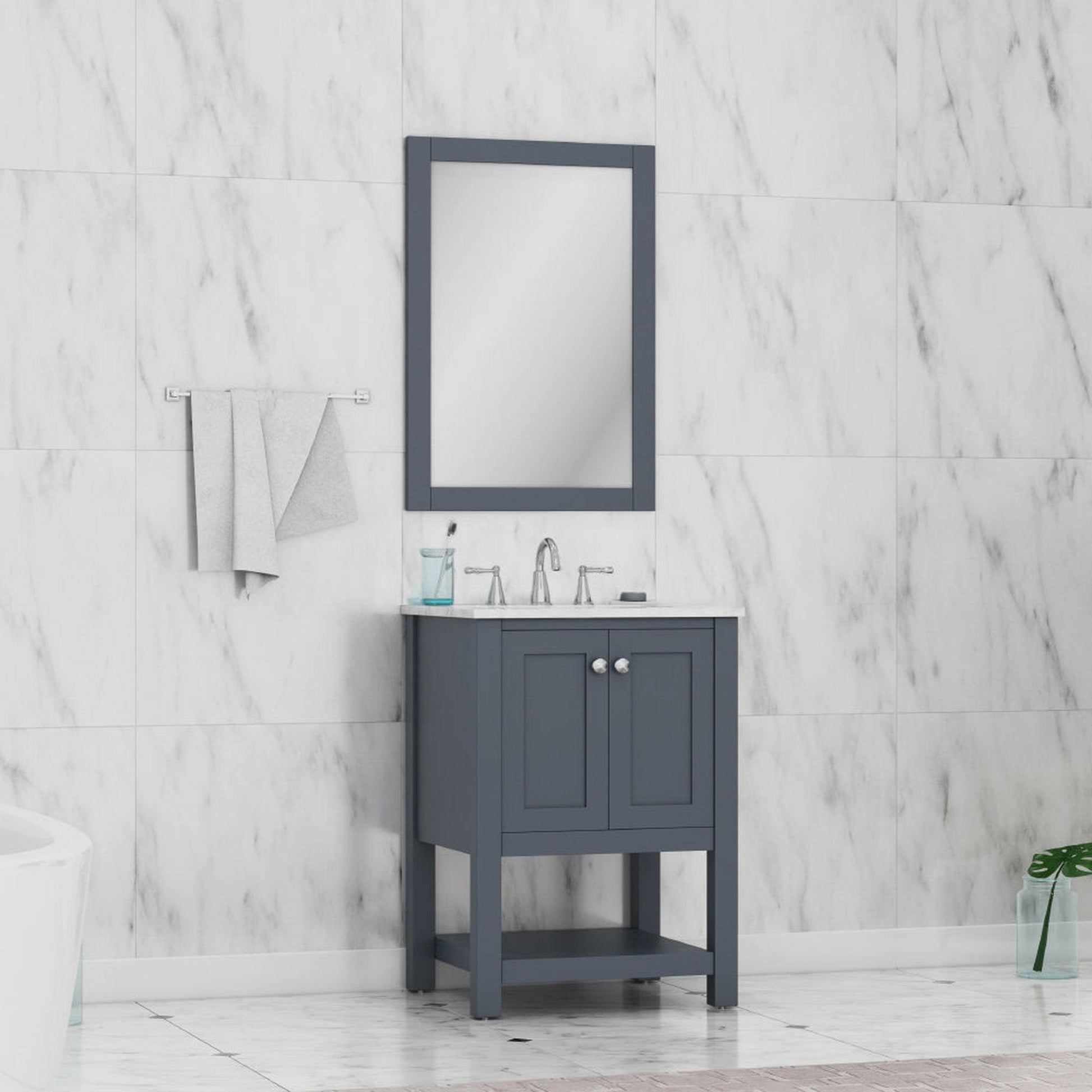 Alya Bath Wilmington 24" Single Gray Freestanding  Bathroom Vanity With Carrara Marble Top, Ceramic Sink and Wall Mounted Mirror - HE-102-24-G-CWMT+HE-101/102-24-G-M - Backyard Provider