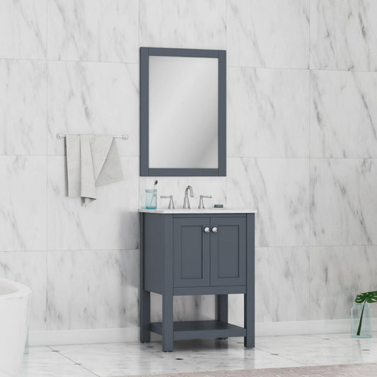 Alya Bath Wilmington 24" Single Gray Freestanding  Bathroom Vanity With Carrara Marble Top, Ceramic Sink and Wall Mounted Mirror - HE-102-24-G-CWMT+HE-101/102-24-G-M - Backyard Provider