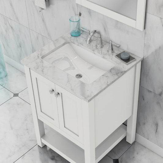 Alya Bath Wilmington 24" Single White Freestanding Single Bathroom Vanity With Carrara Marble Top, Ceramic Sink and Wall Mounted Mirror - HE-102-24-W-CWMT+HE-101/102-24-W-M - Backyard Provider