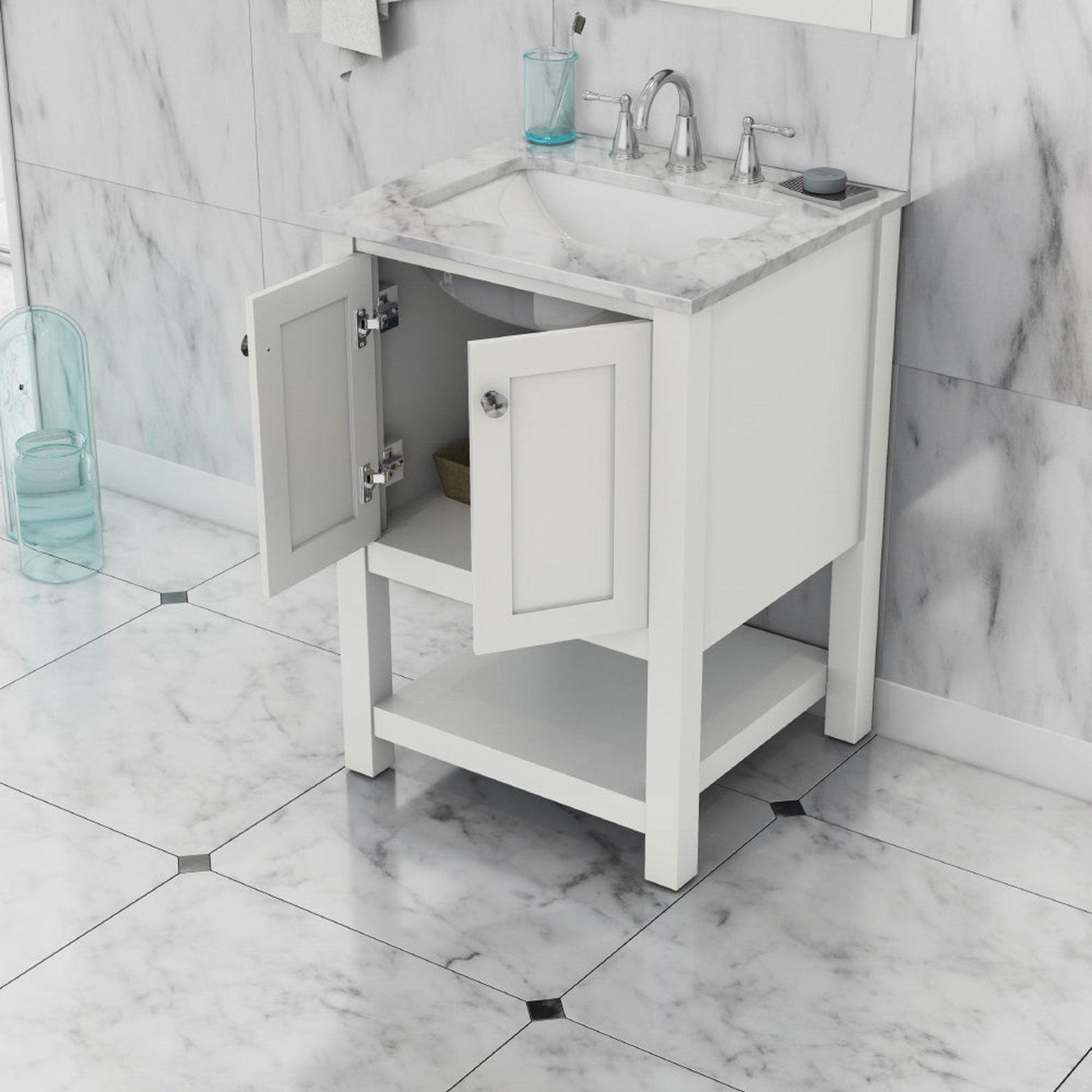 Alya Bath Wilmington 24" Single White Freestanding Single Bathroom Vanity With Carrara Marble Top, Ceramic Sink and Wall Mounted Mirror - HE-102-24-W-CWMT+HE-101/102-24-W-M - Backyard Provider