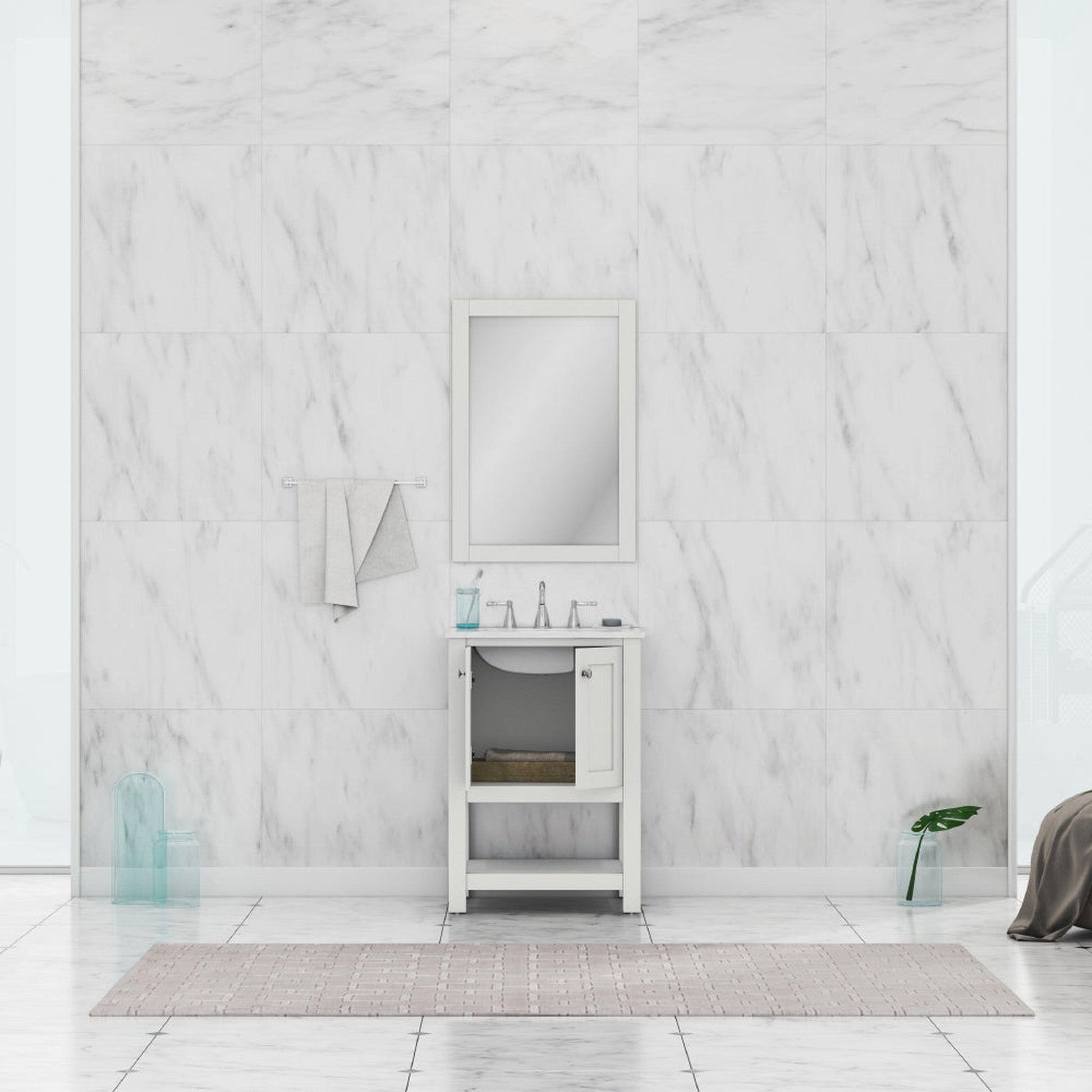 Alya Bath Wilmington 24" Single White Freestanding Single Bathroom Vanity With Carrara Marble Top, Ceramic Sink and Wall Mounted Mirror - HE-102-24-W-CWMT+HE-101/102-24-W-M - Backyard Provider