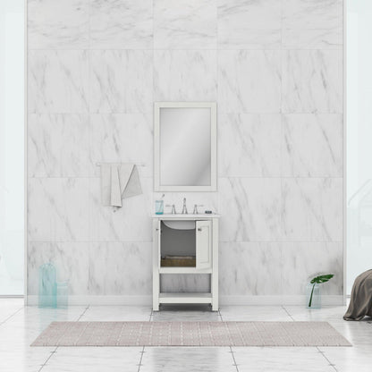 Alya Bath Wilmington 24" Single White Freestanding Single Bathroom Vanity With Carrara Marble Top, Ceramic Sink and Wall Mounted Mirror - HE-102-24-W-CWMT+HE-101/102-24-W-M - Backyard Provider