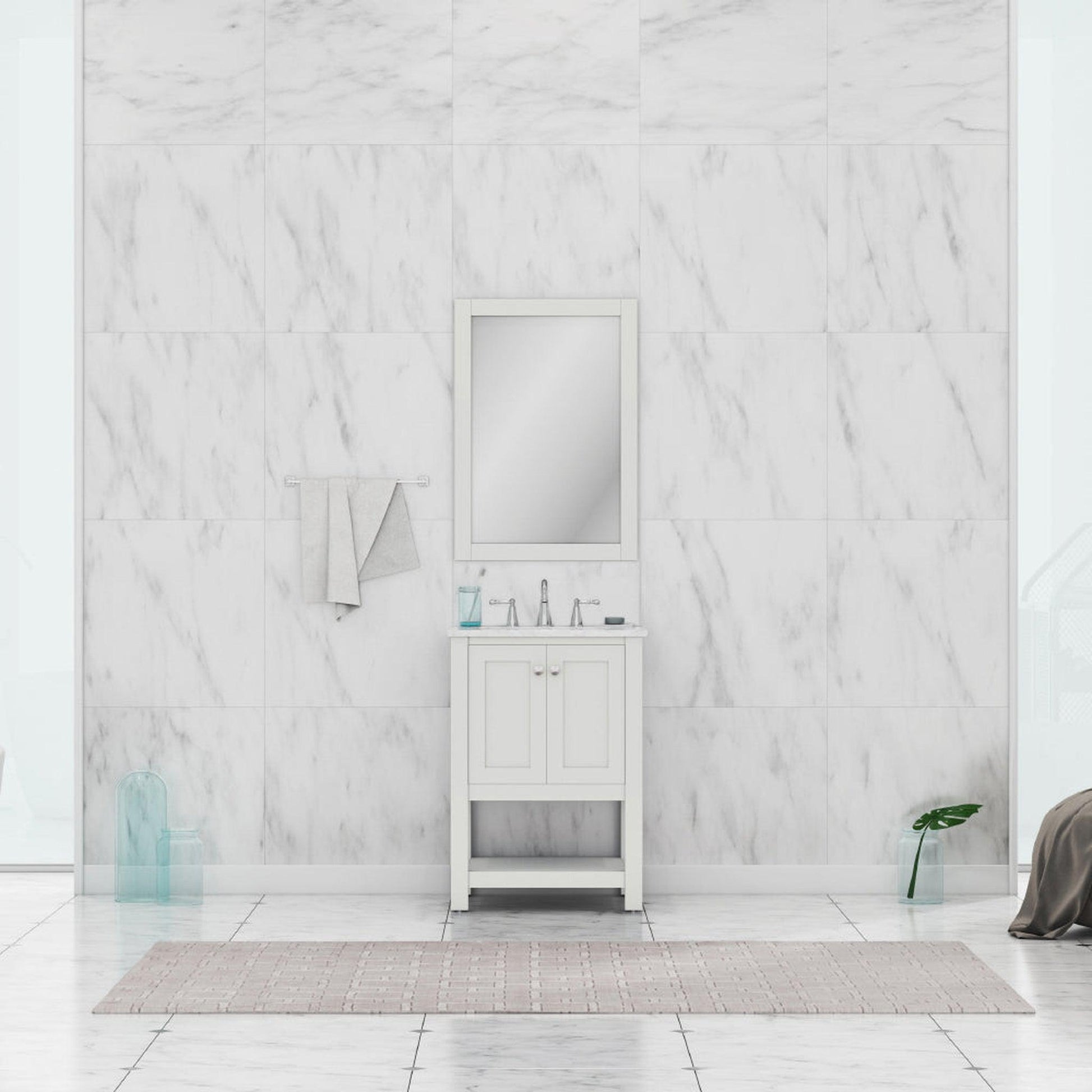 Alya Bath Wilmington 24" Single White Freestanding Single Bathroom Vanity With Carrara Marble Top, Ceramic Sink and Wall Mounted Mirror - HE-102-24-W-CWMT+HE-101/102-24-W-M - Backyard Provider