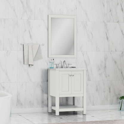 Alya Bath Wilmington 24" Single White Freestanding Single Bathroom Vanity With Carrara Marble Top, Ceramic Sink and Wall Mounted Mirror - HE-102-24-W-CWMT+HE-101/102-24-W-M - Backyard Provider