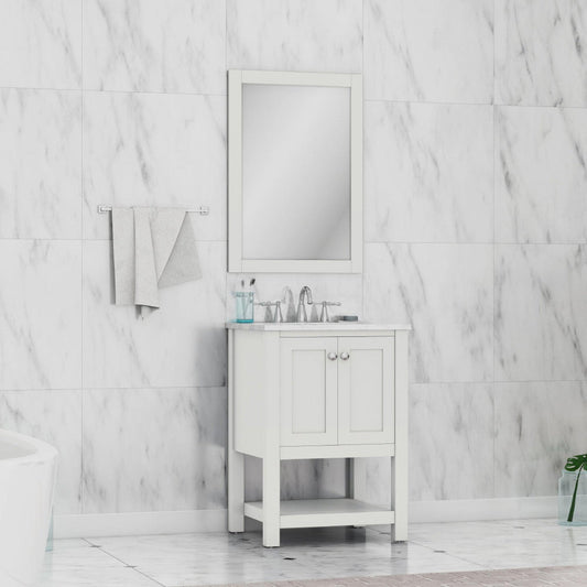 Alya Bath Wilmington 24" Single White Freestanding Single Bathroom Vanity With Carrara Marble Top, Ceramic Sink and Wall Mounted Mirror - HE-102-24-W-CWMT+HE-101/102-24-W-M - Backyard Provider