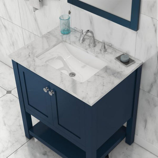 Alya Bath Wilmington 30" Single Blue Freestanding  Bathroom Vanity With Carrara Marble Top, Ceramic Sink and Wall Mounted Mirror - HE-102-30-B-CWMT+HE-101/102-30-B-M - Backyard Provider