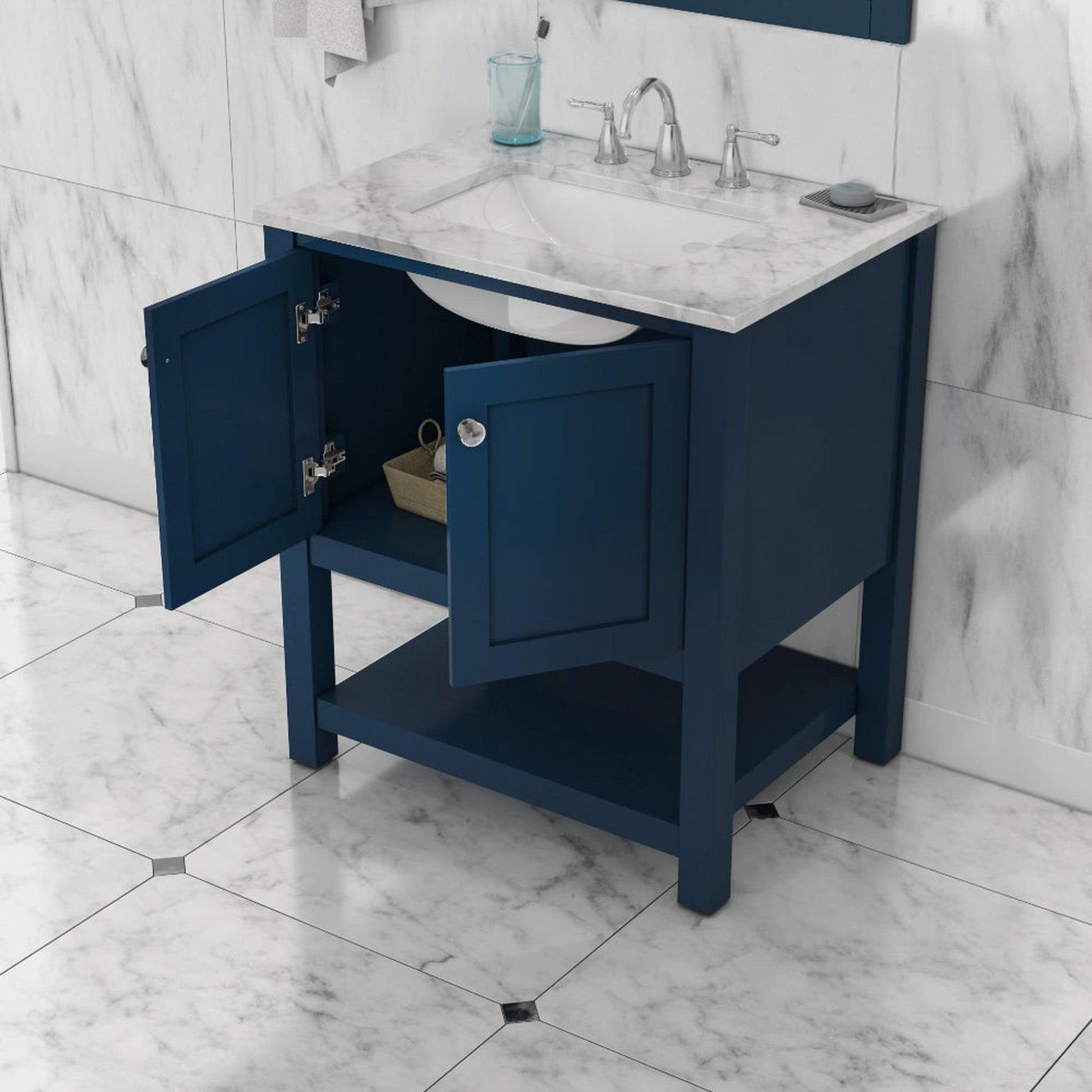 Alya Bath Wilmington 30" Single Blue Freestanding  Bathroom Vanity With Carrara Marble Top, Ceramic Sink and Wall Mounted Mirror - HE-102-30-B-CWMT+HE-101/102-30-B-M - Backyard Provider