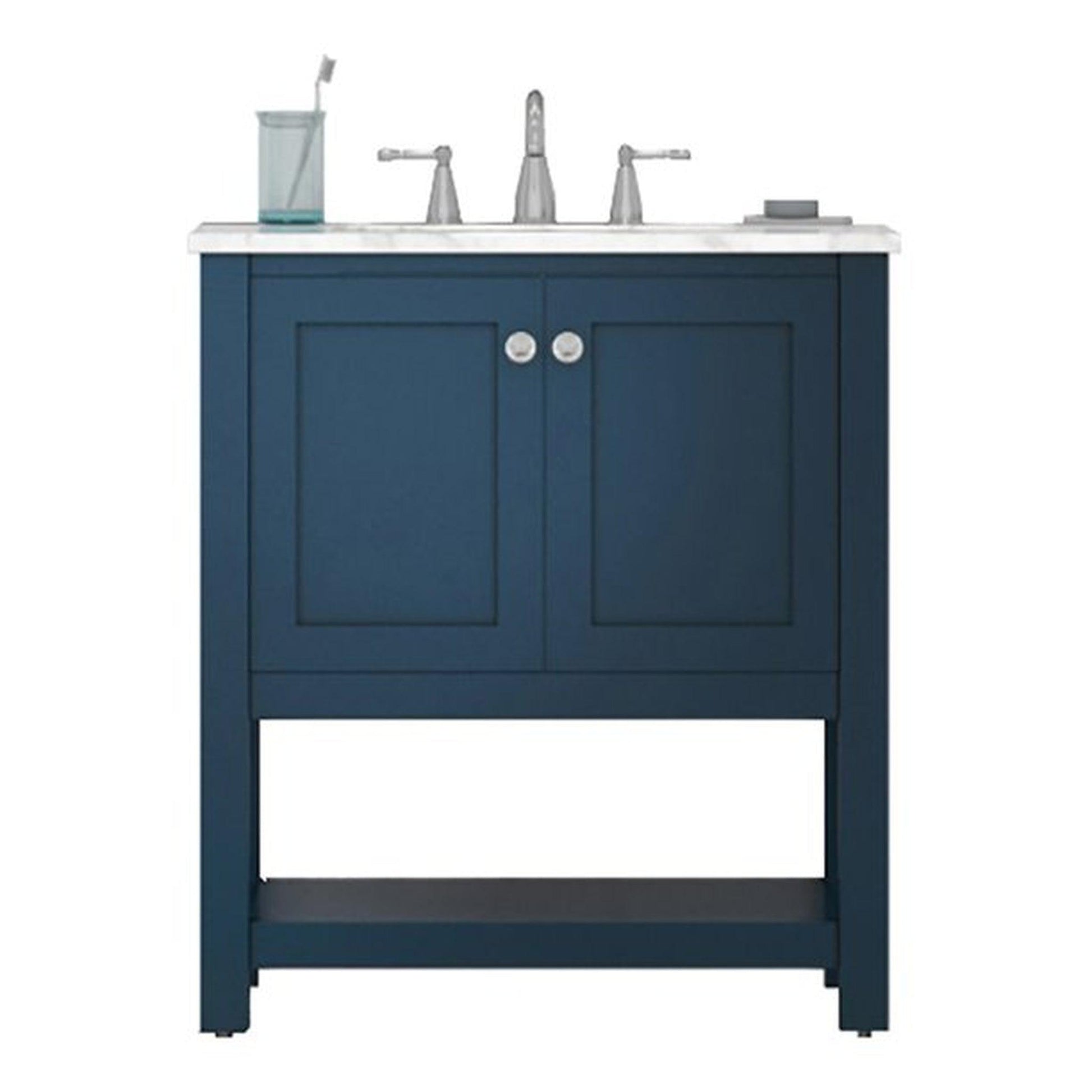 Alya Bath Wilmington 30" Single Blue Freestanding  Bathroom Vanity With Carrara Marble Top, Ceramic Sink and Wall Mounted Mirror - HE-102-30-B-CWMT+HE-101/102-30-B-M - Backyard Provider