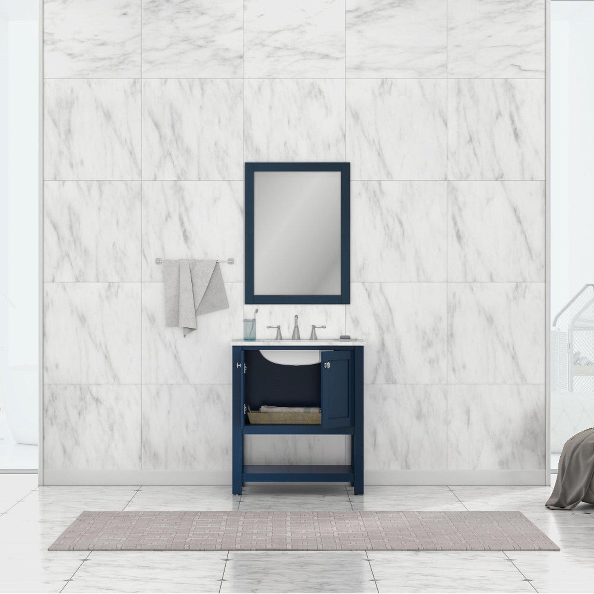 Alya Bath Wilmington 30" Single Blue Freestanding  Bathroom Vanity With Carrara Marble Top, Ceramic Sink and Wall Mounted Mirror - HE-102-30-B-CWMT+HE-101/102-30-B-M - Backyard Provider