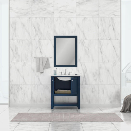 Alya Bath Wilmington 30" Single Blue Freestanding  Bathroom Vanity With Carrara Marble Top, Ceramic Sink and Wall Mounted Mirror - HE-102-30-B-CWMT+HE-101/102-30-B-M - Backyard Provider