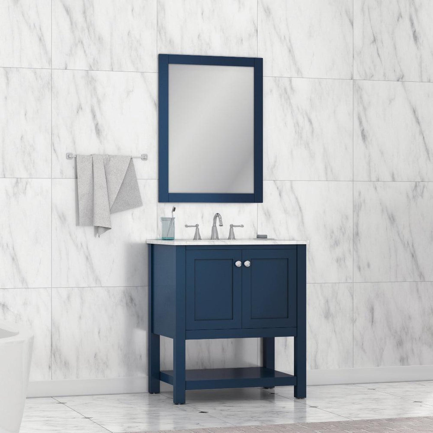 Alya Bath Wilmington 30" Single Blue Freestanding  Bathroom Vanity With Carrara Marble Top, Ceramic Sink and Wall Mounted Mirror - HE-102-30-B-CWMT+HE-101/102-30-B-M - Backyard Provider