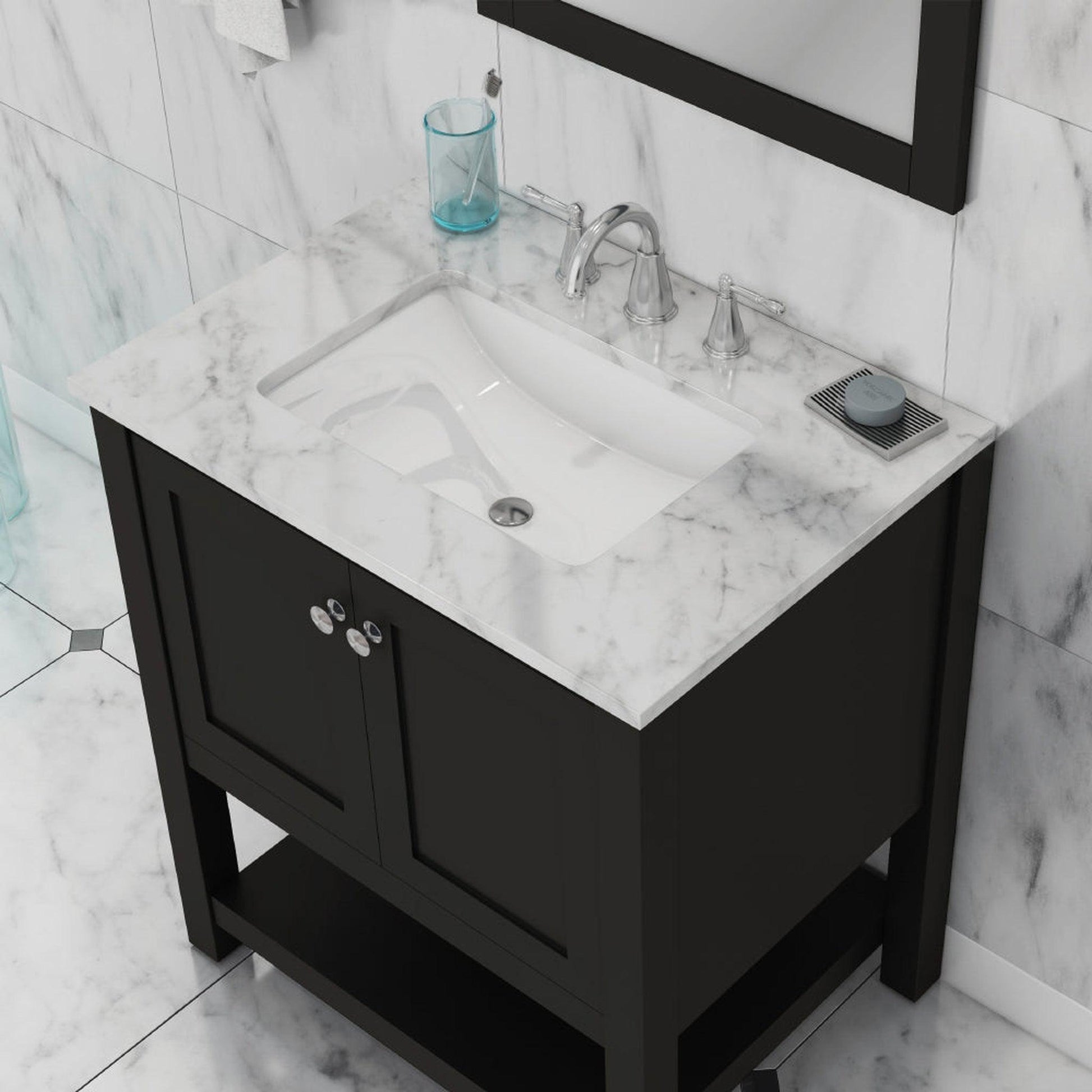 Alya Bath Wilmington 30" Single Espresso Freestanding  Bathroom Vanity With Carrara Marble Top, Ceramic Sink And Wall Mounted Mirror - HE-102-30-E-CWMT+HE-101/102-30-E-M - Backyard Provider