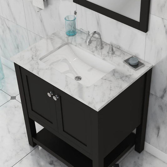 Alya Bath Wilmington 30" Single Espresso Freestanding  Bathroom Vanity With Carrara Marble Top, Ceramic Sink And Wall Mounted Mirror - HE-102-30-E-CWMT+HE-101/102-30-E-M - Backyard Provider