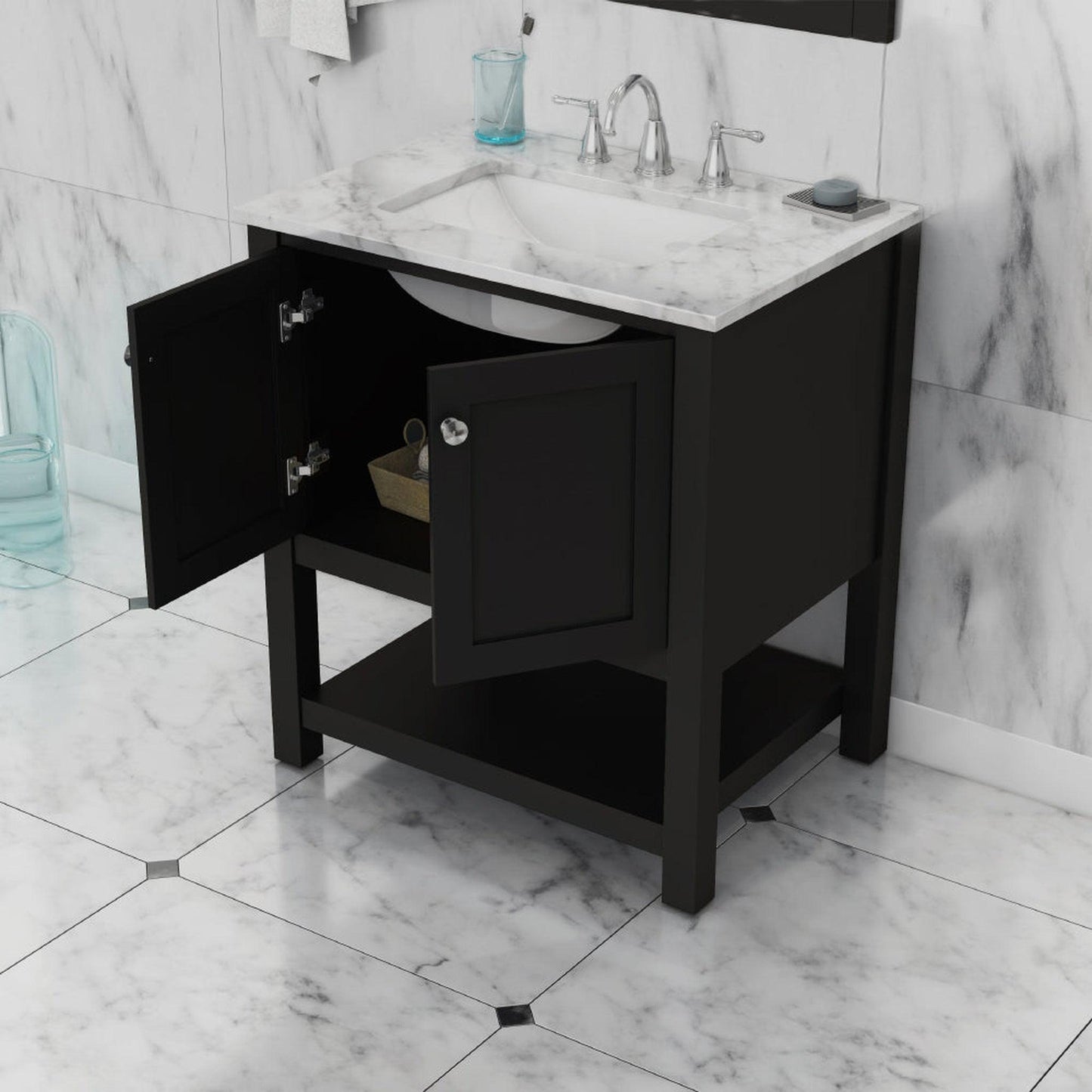 Alya Bath Wilmington 30" Single Espresso Freestanding  Bathroom Vanity With Carrara Marble Top, Ceramic Sink And Wall Mounted Mirror - HE-102-30-E-CWMT+HE-101/102-30-E-M - Backyard Provider