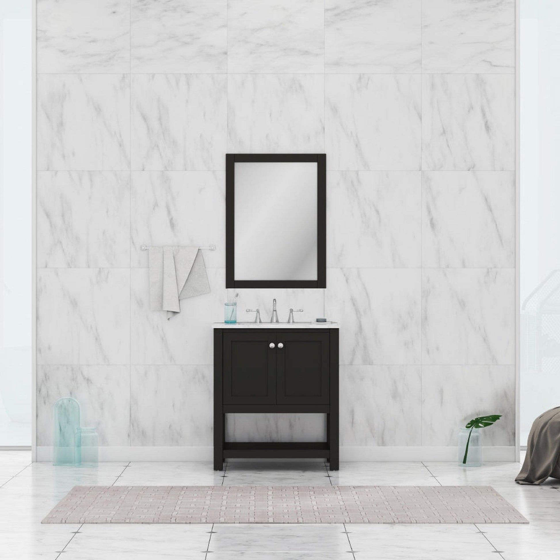 Alya Bath Wilmington 30" Single Espresso Freestanding  Bathroom Vanity With Carrara Marble Top, Ceramic Sink And Wall Mounted Mirror - HE-102-30-E-CWMT+HE-101/102-30-E-M - Backyard Provider