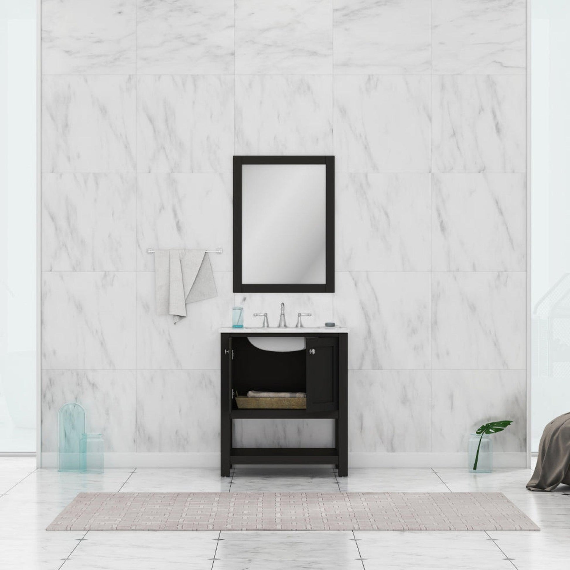 Alya Bath Wilmington 30" Single Espresso Freestanding  Bathroom Vanity With Carrara Marble Top, Ceramic Sink And Wall Mounted Mirror - HE-102-30-E-CWMT+HE-101/102-30-E-M - Backyard Provider