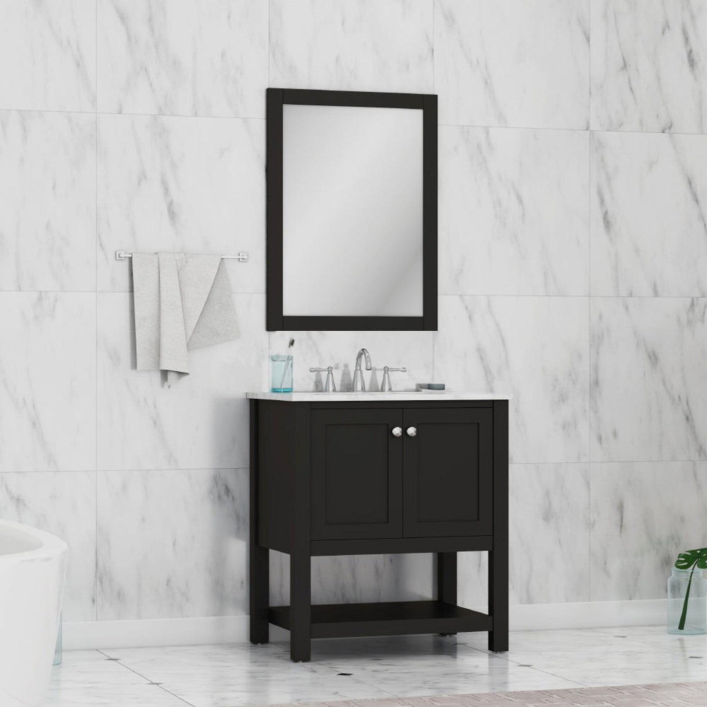 Alya Bath Wilmington 30" Single Espresso Freestanding  Bathroom Vanity With Carrara Marble Top, Ceramic Sink And Wall Mounted Mirror - HE-102-30-E-CWMT+HE-101/102-30-E-M - Backyard Provider