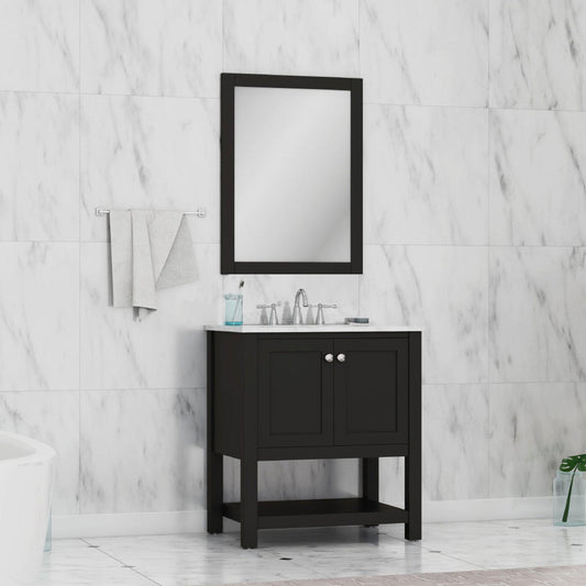Alya Bath Wilmington 30" Single Espresso Freestanding  Bathroom Vanity With Carrara Marble Top, Ceramic Sink And Wall Mounted Mirror - HE-102-30-E-CWMT+HE-101/102-30-E-M - Backyard Provider