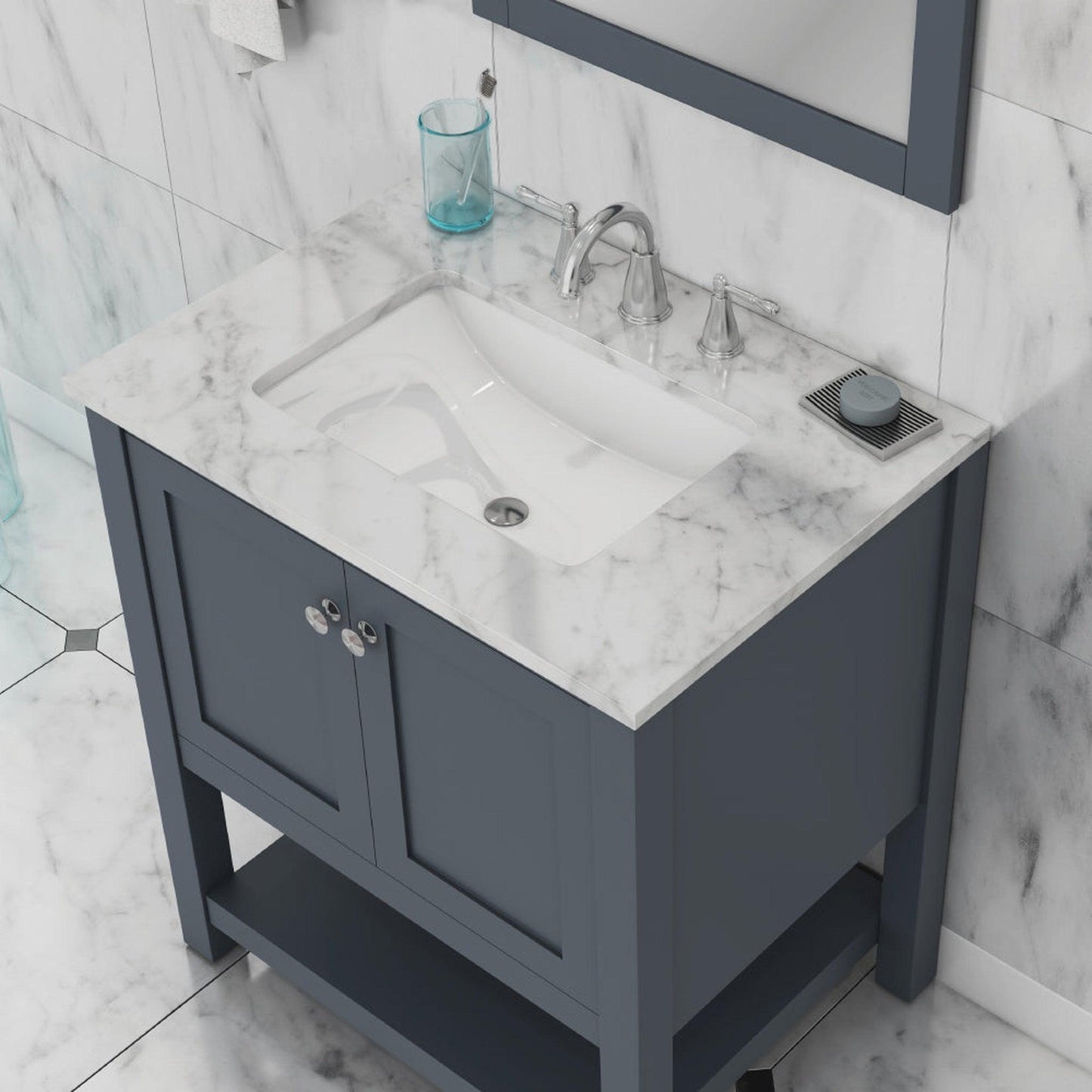 Alya Bath Wilmington 30" Single Gray Freestanding  Bathroom Vanity With Carrara Marble Top, Ceramic Sink and Wall Mounted Mirror - HE-102-30-G-CWMT+HE-101/102-30-G-M - Backyard Provider