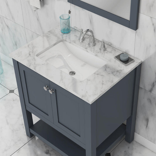 Alya Bath Wilmington 30" Single Gray Freestanding  Bathroom Vanity With Carrara Marble Top, Ceramic Sink and Wall Mounted Mirror - HE-102-30-G-CWMT+HE-101/102-30-G-M - Backyard Provider