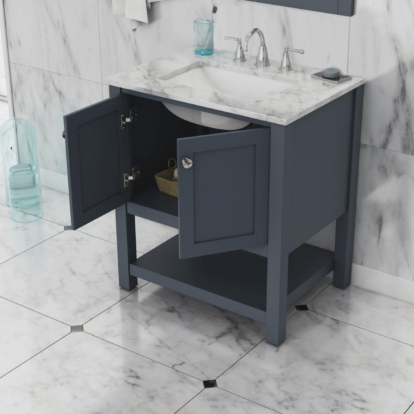 Alya Bath Wilmington 30" Single Gray Freestanding  Bathroom Vanity With Carrara Marble Top, Ceramic Sink and Wall Mounted Mirror - HE-102-30-G-CWMT+HE-101/102-30-G-M - Backyard Provider