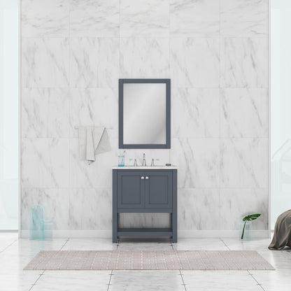 Alya Bath Wilmington 30" Single Gray Freestanding  Bathroom Vanity With Carrara Marble Top, Ceramic Sink and Wall Mounted Mirror - HE-102-30-G-CWMT+HE-101/102-30-G-M - Backyard Provider