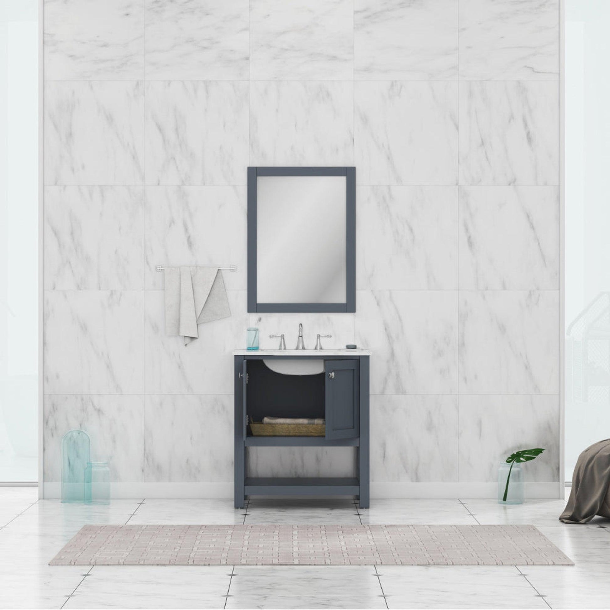 Alya Bath Wilmington 30" Single Gray Freestanding  Bathroom Vanity With Carrara Marble Top, Ceramic Sink and Wall Mounted Mirror - HE-102-30-G-CWMT+HE-101/102-30-G-M - Backyard Provider