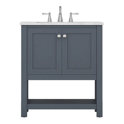 Alya Bath Wilmington 30" Single Gray Freestanding  Bathroom Vanity With Carrara Marble Top, Ceramic Sink and Wall Mounted Mirror - HE-102-30-G-CWMT+HE-101/102-30-G-M - Backyard Provider