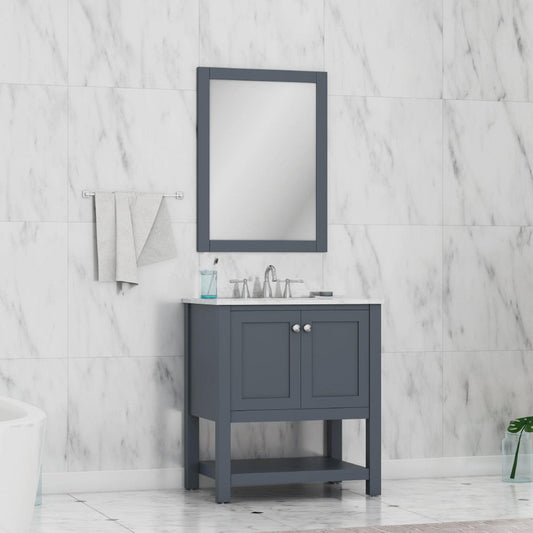 Alya Bath Wilmington 30" Single Gray Freestanding  Bathroom Vanity With Carrara Marble Top, Ceramic Sink and Wall Mounted Mirror - HE-102-30-G-CWMT+HE-101/102-30-G-M - Backyard Provider