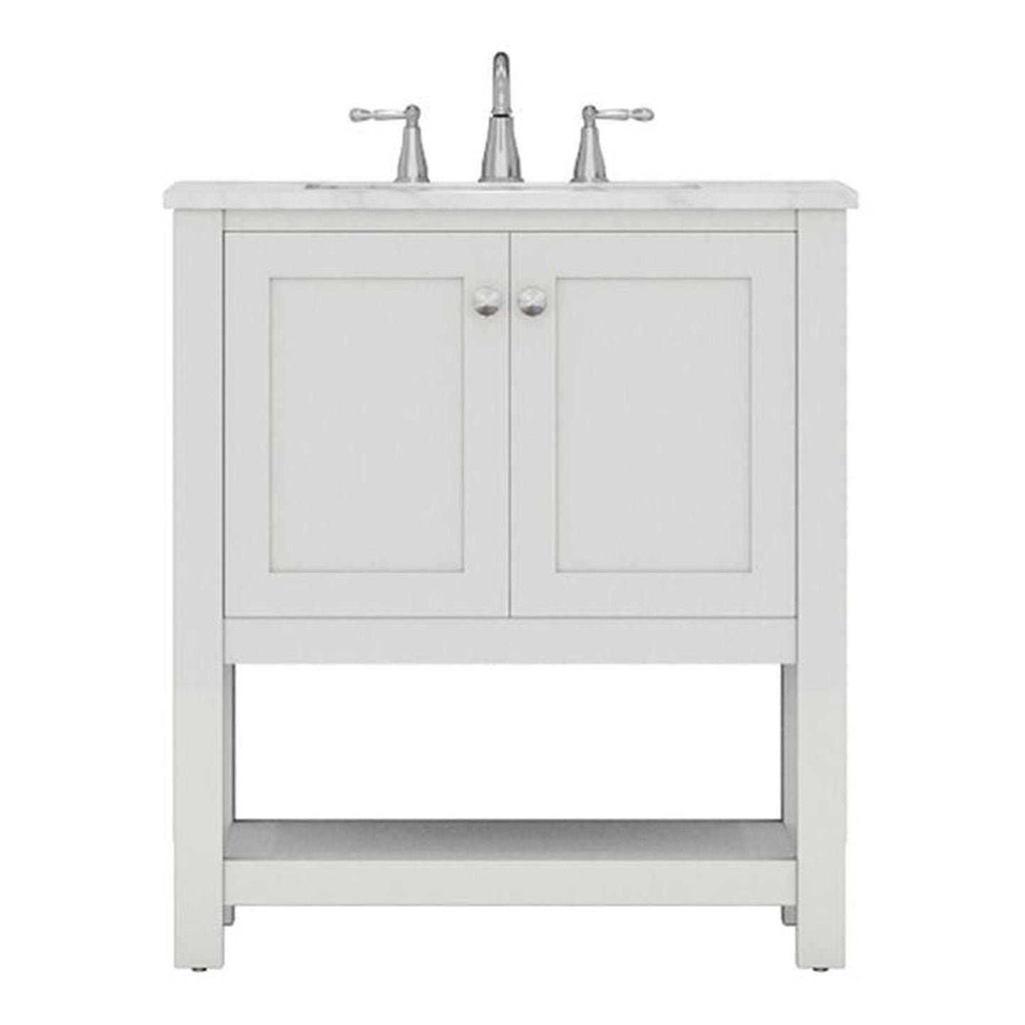 Alya Bath Wilmington 30" Single White Freestanding  Bathroom Vanity With Carrara Marble Top, Ceramic Sink and Wall Mounted Mirror - HE-102-30-W-CWMT+HE-101/102-30-W-M - Backyard Provider