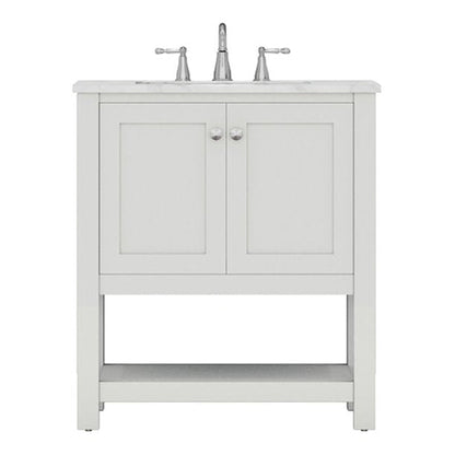 Alya Bath Wilmington 30" Single White Freestanding  Bathroom Vanity With Carrara Marble Top, Ceramic Sink and Wall Mounted Mirror - HE-102-30-W-CWMT+HE-101/102-30-W-M - Backyard Provider