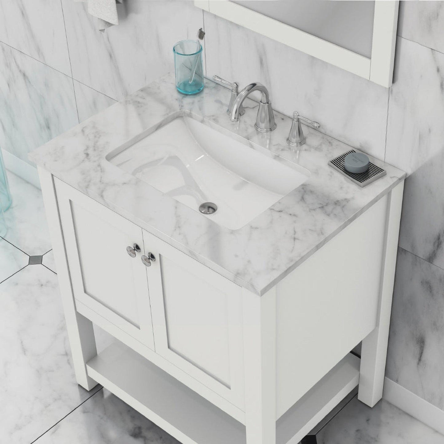 Alya Bath Wilmington 30" Single White Freestanding  Bathroom Vanity With Carrara Marble Top, Ceramic Sink and Wall Mounted Mirror - HE-102-30-W-CWMT+HE-101/102-30-W-M - Backyard Provider