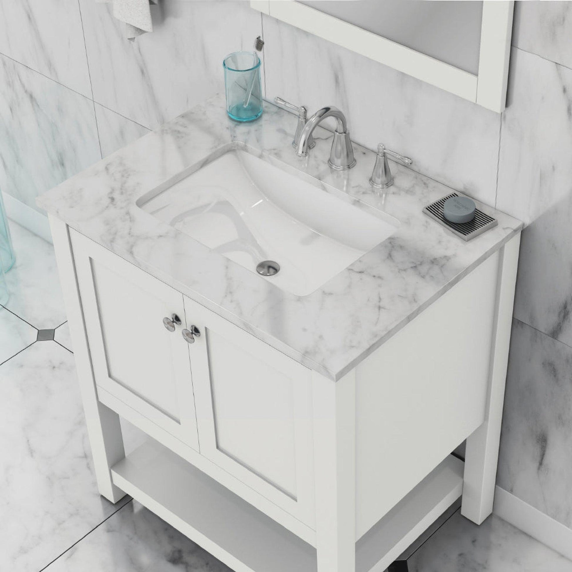 Alya Bath Wilmington 30" Single White Freestanding  Bathroom Vanity With Carrara Marble Top, Ceramic Sink and Wall Mounted Mirror - HE-102-30-W-CWMT+HE-101/102-30-W-M - Backyard Provider