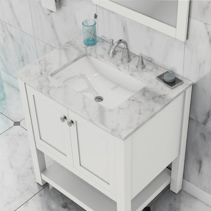 Alya Bath Wilmington 30" Single White Freestanding  Bathroom Vanity With Carrara Marble Top, Ceramic Sink and Wall Mounted Mirror - HE-102-30-W-CWMT+HE-101/102-30-W-M - Backyard Provider