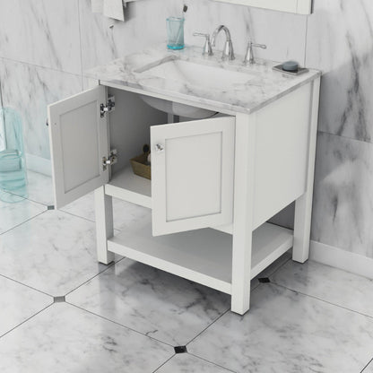 Alya Bath Wilmington 30" Single White Freestanding  Bathroom Vanity With Carrara Marble Top, Ceramic Sink and Wall Mounted Mirror - HE-102-30-W-CWMT+HE-101/102-30-W-M - Backyard Provider