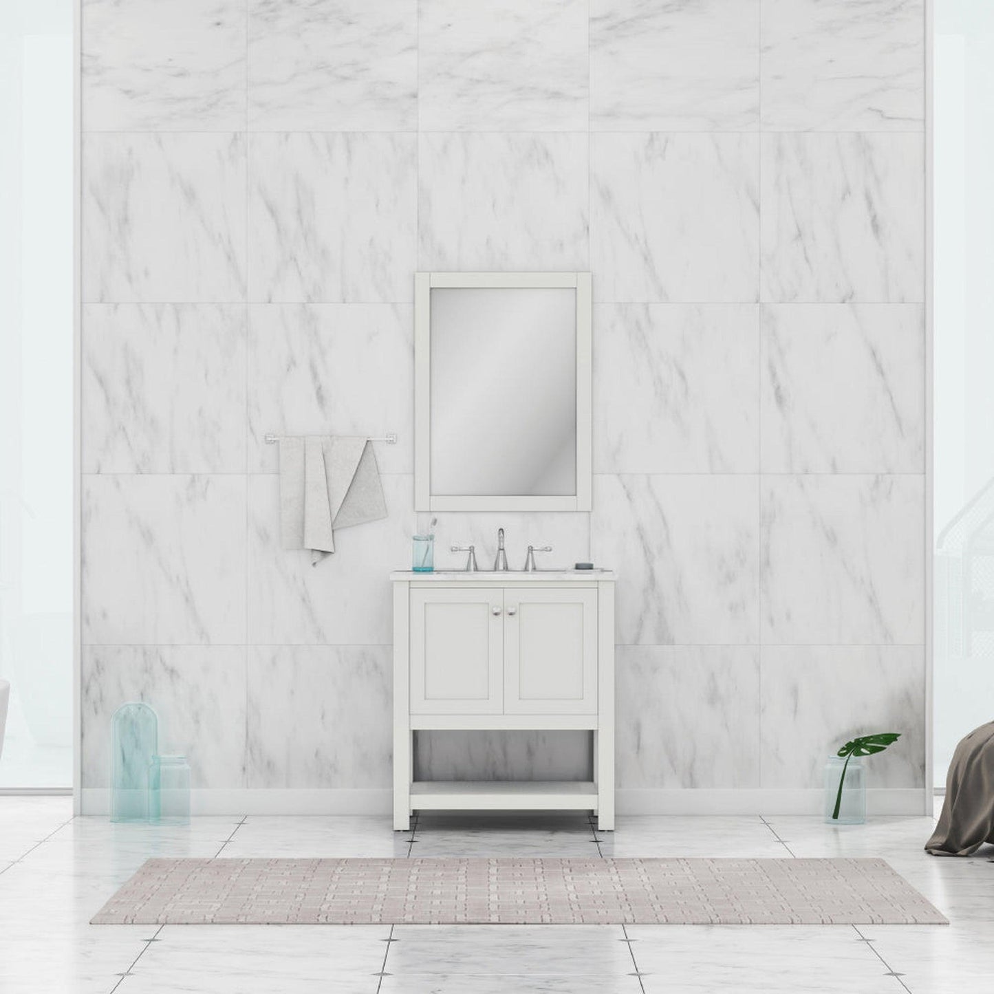 Alya Bath Wilmington 30" Single White Freestanding  Bathroom Vanity With Carrara Marble Top, Ceramic Sink and Wall Mounted Mirror - HE-102-30-W-CWMT+HE-101/102-30-W-M - Backyard Provider