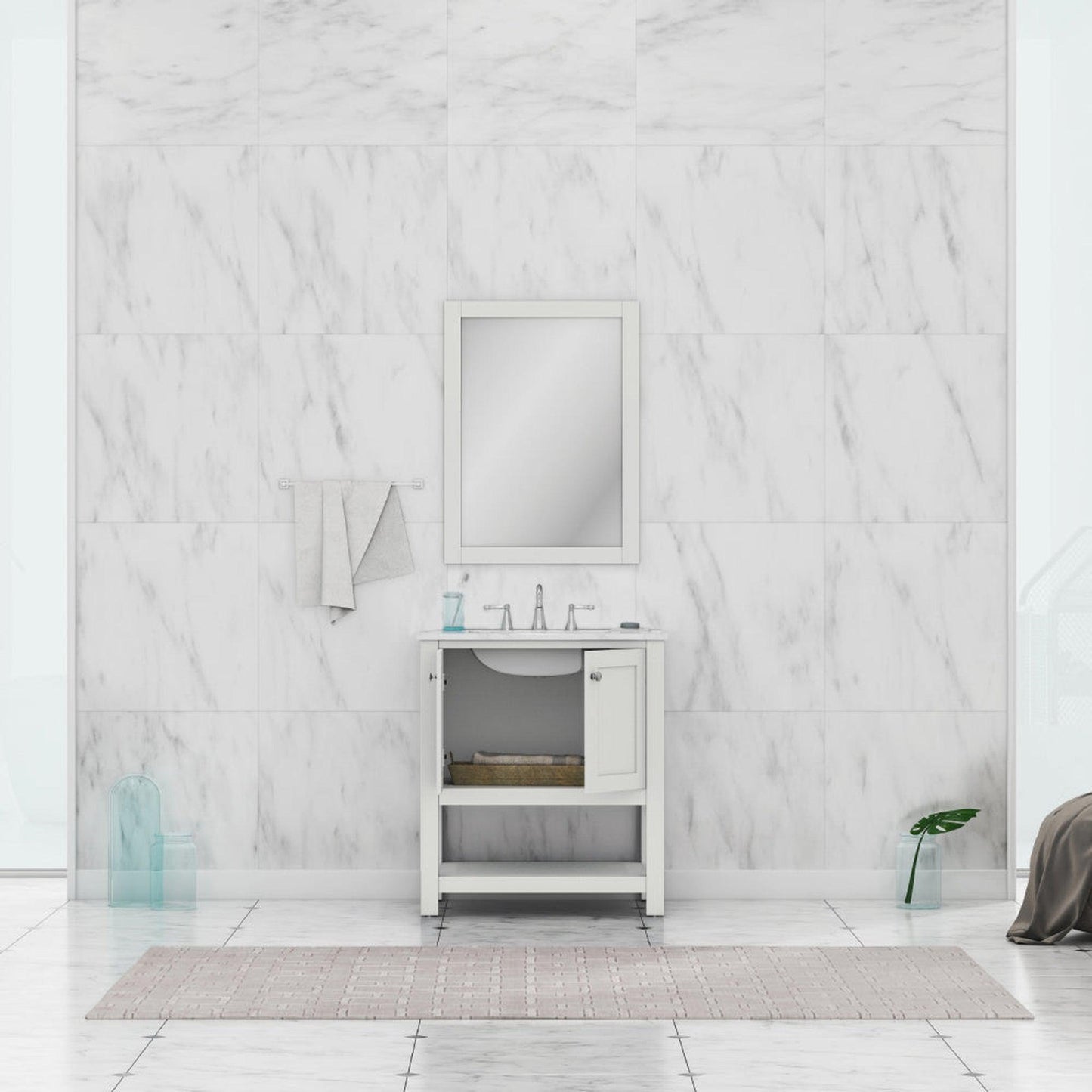 Alya Bath Wilmington 30" Single White Freestanding  Bathroom Vanity With Carrara Marble Top, Ceramic Sink and Wall Mounted Mirror - HE-102-30-W-CWMT+HE-101/102-30-W-M - Backyard Provider