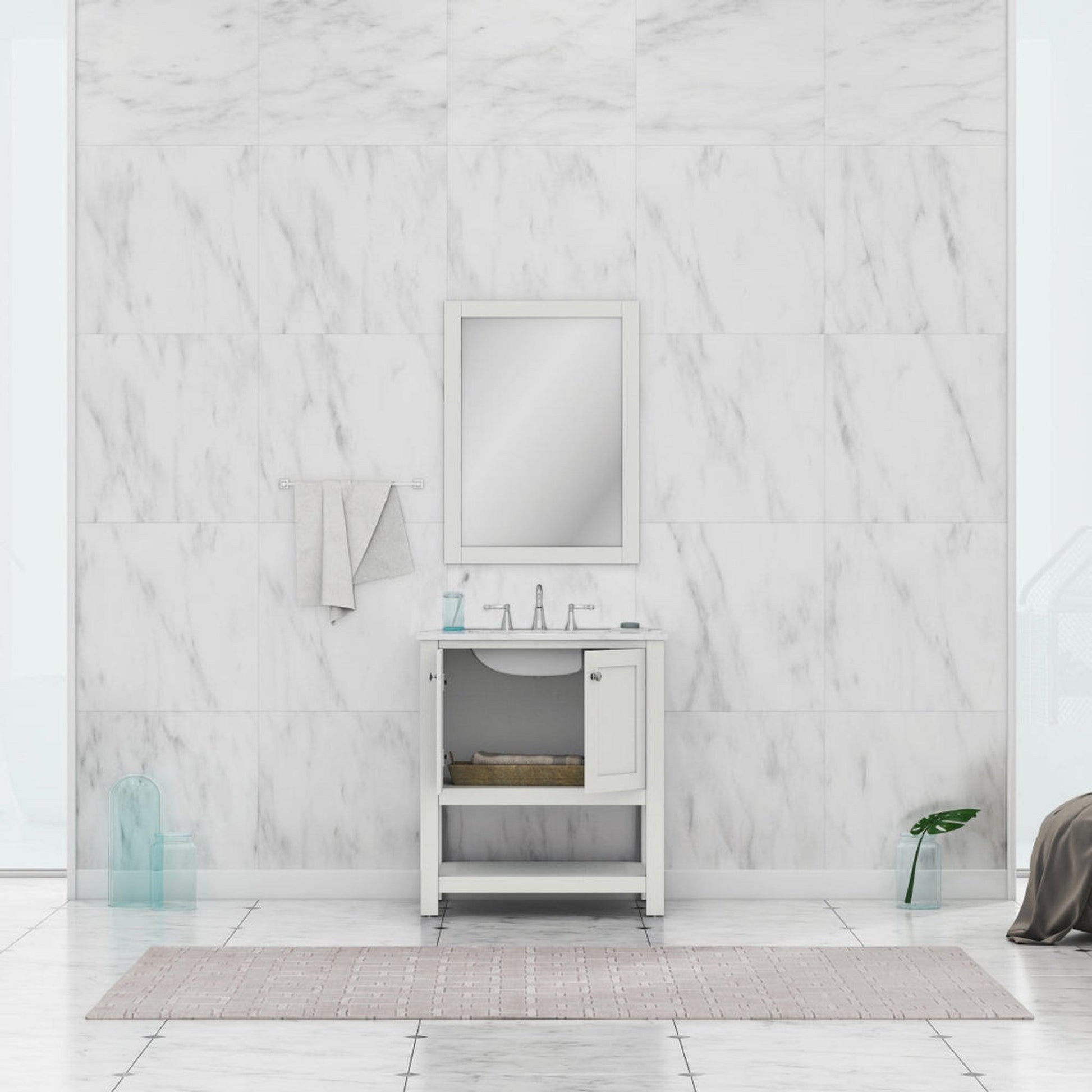 Alya Bath Wilmington 30" Single White Freestanding  Bathroom Vanity With Carrara Marble Top, Ceramic Sink and Wall Mounted Mirror - HE-102-30-W-CWMT+HE-101/102-30-W-M - Backyard Provider