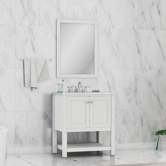 Alya Bath Wilmington 30" Single White Freestanding  Bathroom Vanity With Carrara Marble Top, Ceramic Sink and Wall Mounted Mirror - HE-102-30-W-CWMT+HE-101/102-30-W-M - Backyard Provider