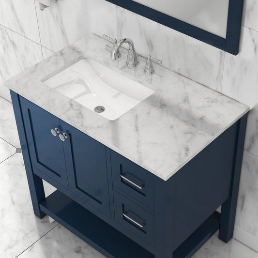 Alya Bath Wilmington 36" Single Blue Freestanding  Bathroom Vanity With Carrara Marble Top, Ceramic Sink and Wall Mounted Mirror - HE-102-36-B-CWMT+HE-101/102-36-B-M - Backyard Provider