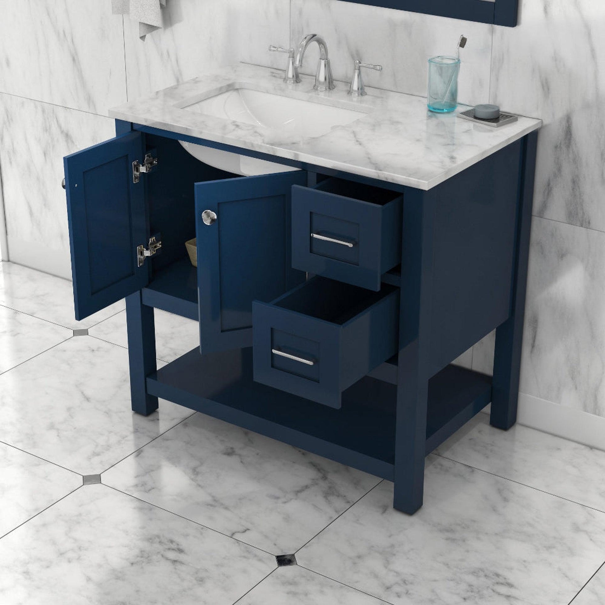 Alya Bath Wilmington 36" Single Blue Freestanding  Bathroom Vanity With Carrara Marble Top, Ceramic Sink and Wall Mounted Mirror - HE-102-36-B-CWMT+HE-101/102-36-B-M - Backyard Provider