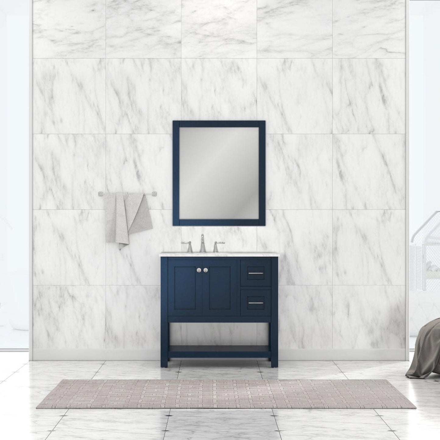 Alya Bath Wilmington 36" Single Blue Freestanding  Bathroom Vanity With Carrara Marble Top, Ceramic Sink and Wall Mounted Mirror - HE-102-36-B-CWMT+HE-101/102-36-B-M - Backyard Provider