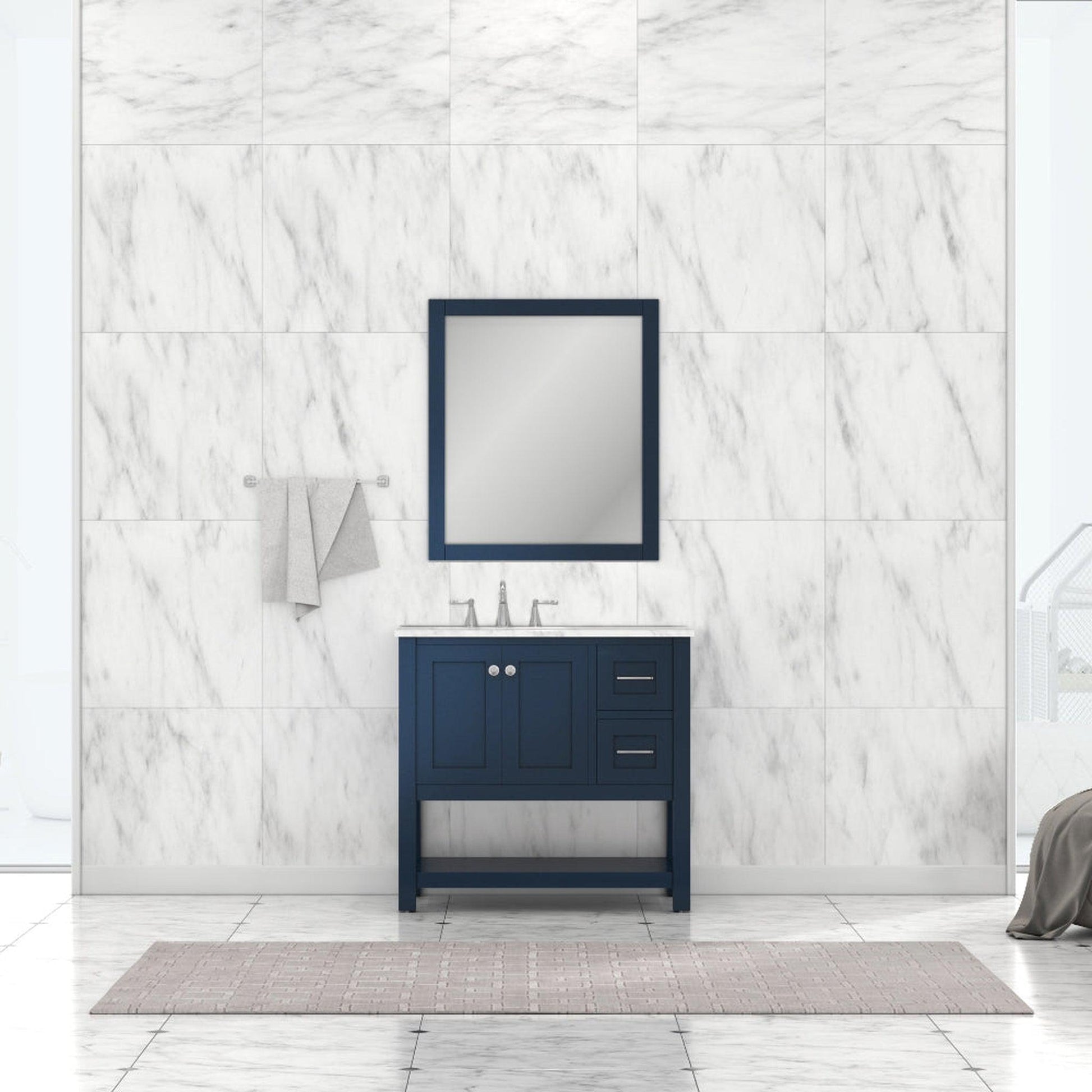 Alya Bath Wilmington 36" Single Blue Freestanding  Bathroom Vanity With Carrara Marble Top, Ceramic Sink and Wall Mounted Mirror - HE-102-36-B-CWMT+HE-101/102-36-B-M - Backyard Provider