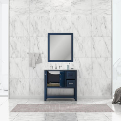 Alya Bath Wilmington 36" Single Blue Freestanding  Bathroom Vanity With Carrara Marble Top, Ceramic Sink and Wall Mounted Mirror - HE-102-36-B-CWMT+HE-101/102-36-B-M - Backyard Provider