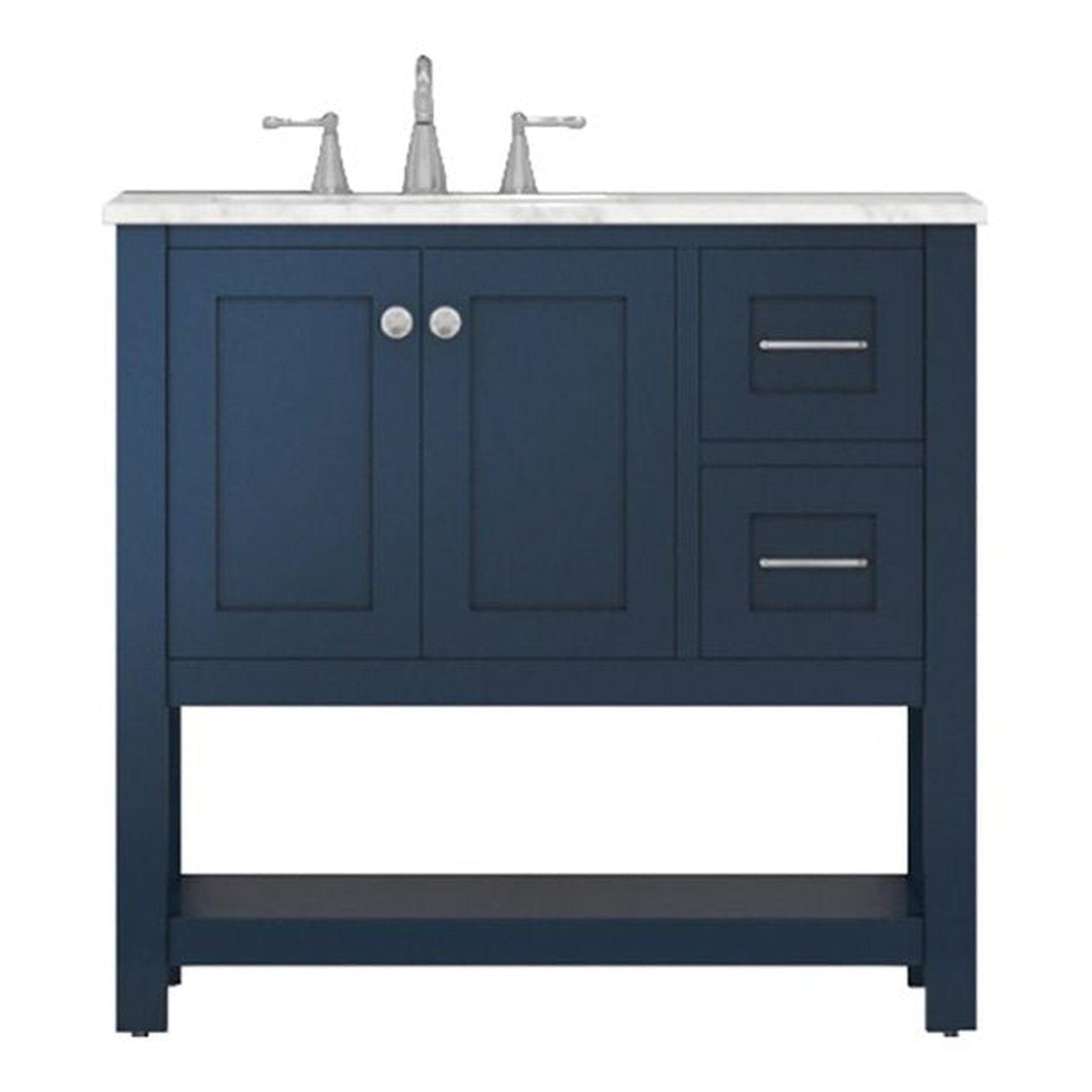 Alya Bath Wilmington 36" Single Blue Freestanding  Bathroom Vanity With Carrara Marble Top, Ceramic Sink and Wall Mounted Mirror - HE-102-36-B-CWMT+HE-101/102-36-B-M - Backyard Provider
