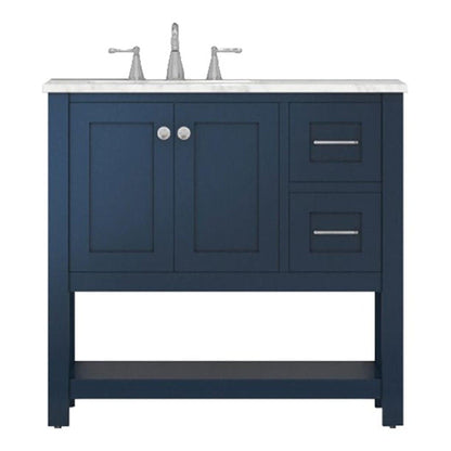 Alya Bath Wilmington 36" Single Blue Freestanding  Bathroom Vanity With Carrara Marble Top, Ceramic Sink and Wall Mounted Mirror - HE-102-36-B-CWMT+HE-101/102-36-B-M - Backyard Provider