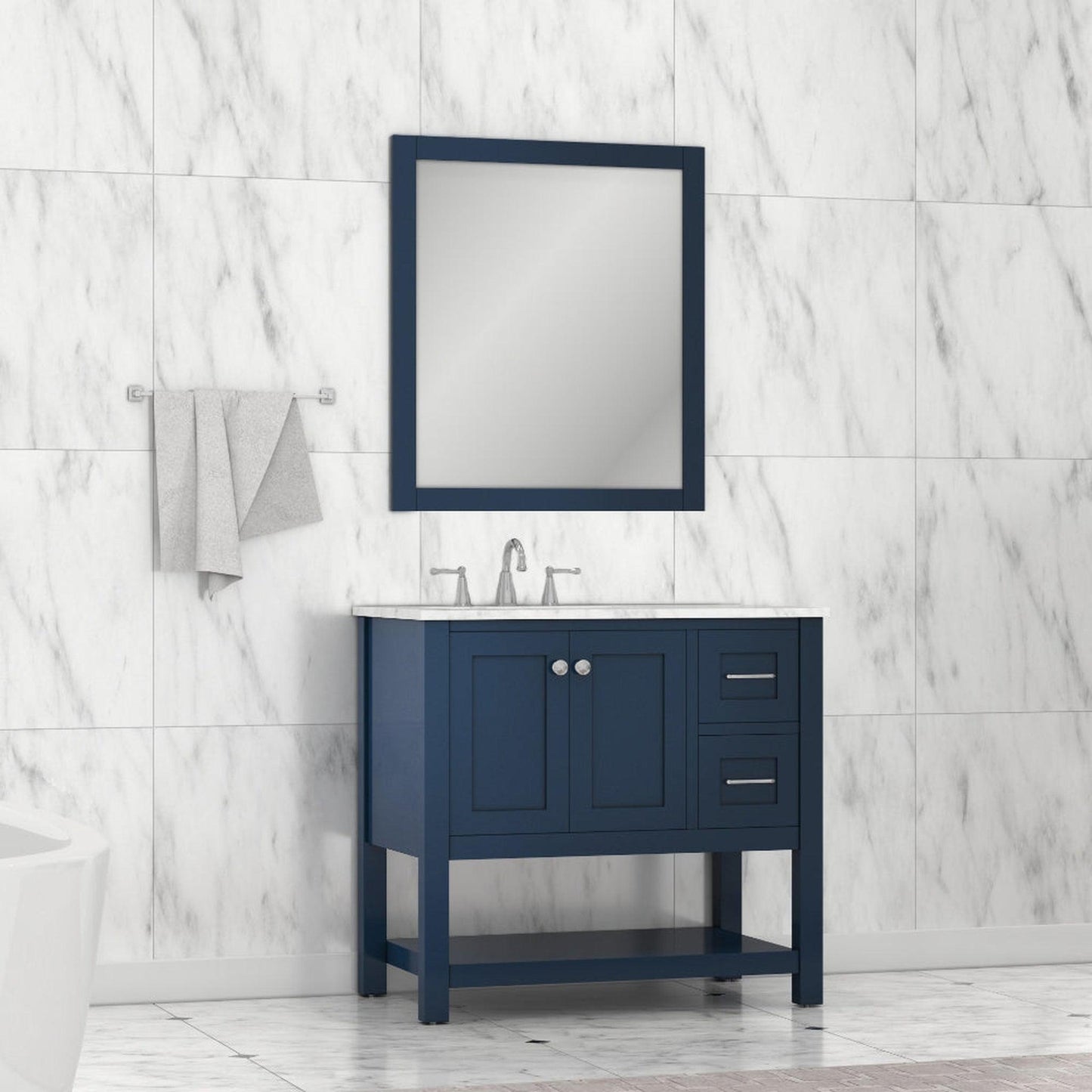 Alya Bath Wilmington 36" Single Blue Freestanding  Bathroom Vanity With Carrara Marble Top, Ceramic Sink and Wall Mounted Mirror - HE-102-36-B-CWMT+HE-101/102-36-B-M - Backyard Provider