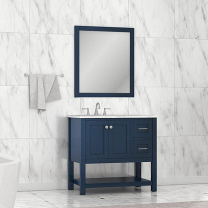Alya Bath Wilmington 36" Single Blue Freestanding  Bathroom Vanity With Carrara Marble Top, Ceramic Sink and Wall Mounted Mirror - HE-102-36-B-CWMT+HE-101/102-36-B-M - Backyard Provider