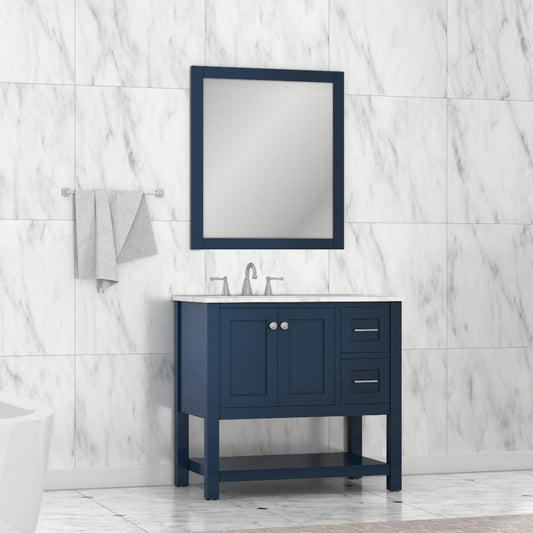 Alya Bath Wilmington 36" Single Blue Freestanding  Bathroom Vanity With Carrara Marble Top, Ceramic Sink and Wall Mounted Mirror - HE-102-36-B-CWMT+HE-101/102-36-B-M - Backyard Provider